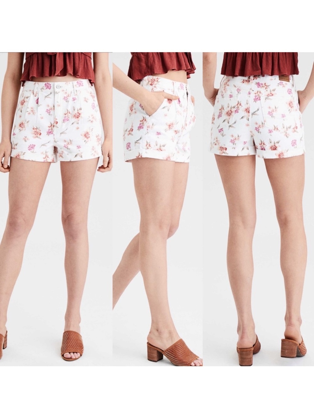American Eagle Outfitters White Floral Mom Shorts